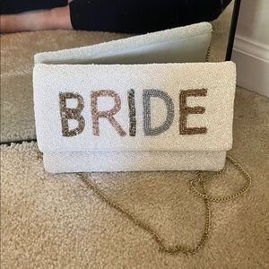 White Beaded Bride Clutch with Gold Chain